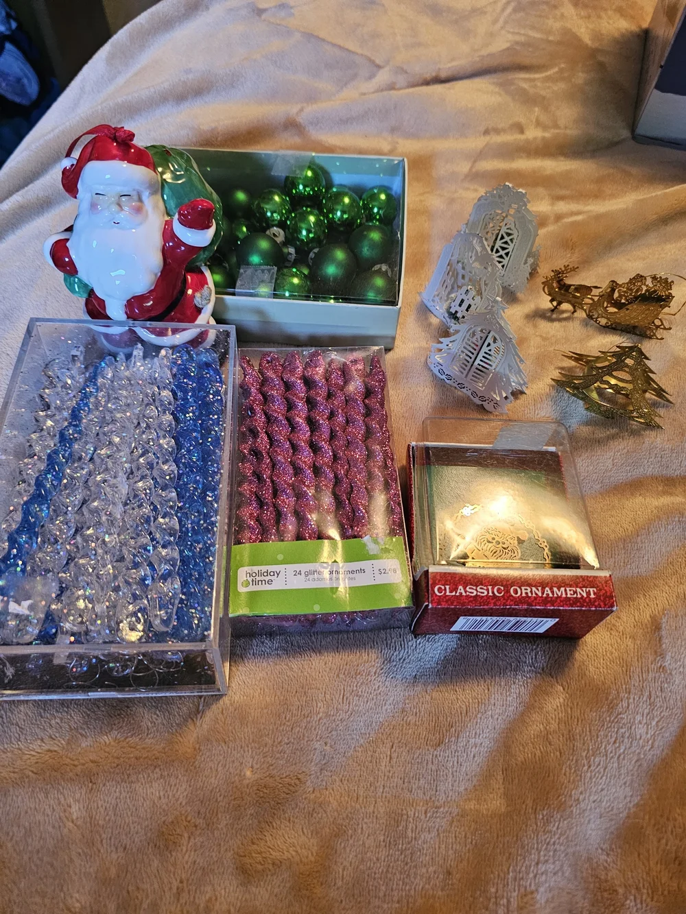 Holiday Santa Figurine and Assorted Green & Pink Ornaments